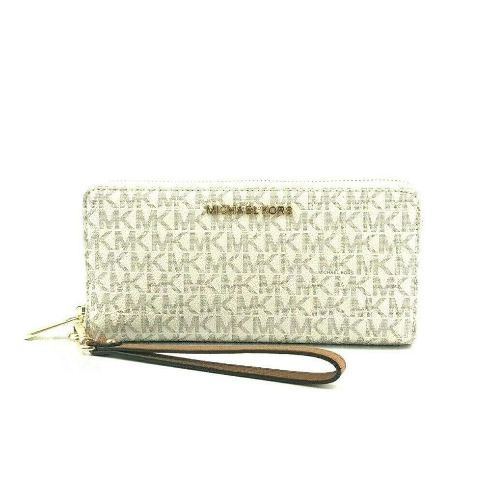 NWT Michael Kors Women Jet Set Travel Large Logo Continental Wristlet Natural-OS